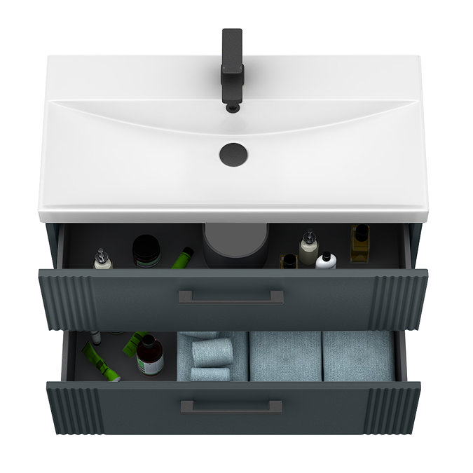 Roxbury Deco Fluted 800mm Satin Anthracite Grey Vanity Unit - Wall Hung 2-Drawer Unit with Thin-Edged Ceramic Basin & Matt Black Handles