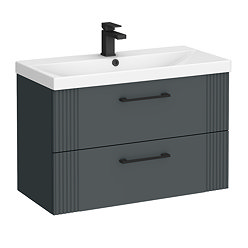Roxbury Deco Fluted 800mm Satin Anthracite Grey Vanity Unit - Wall Hung 2-Drawer Unit with Thin-Edged Ceramic Basin & Matt Black Handles