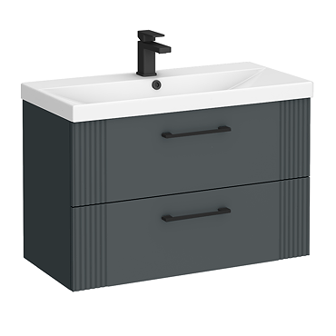 Roxbury Deco Fluted 800mm Anthracite Vanity Unit - Wall Hung 2-Drawer Unit & Matt Black Handles