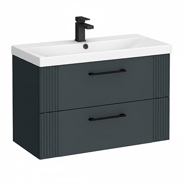 Roxbury Deco Fluted 800mm Anthracite Vanity Unit - Wall Hung 2-Drawer Unit & Matt Black Handles