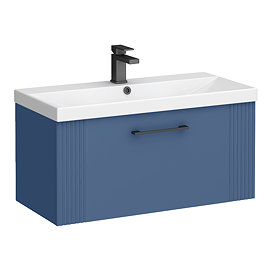 Roxbury Deco Fluted 800mm Blue Vanity Unit - Wall Hung 1-Drawer Unit & Matt Black Handle