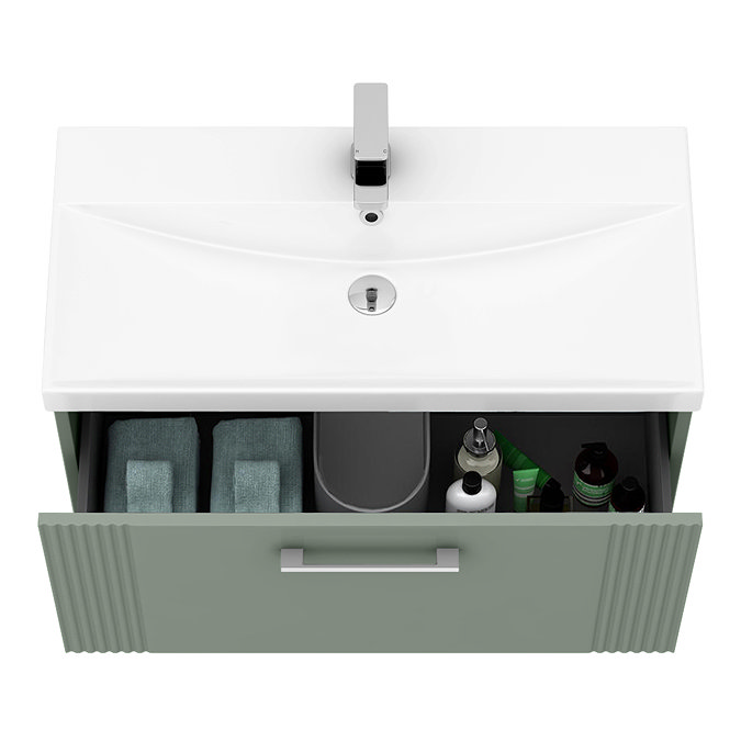 Roxbury Deco Fluted 800mm Green Vanity Unit - Wall Hung 1 Drawer Unit & Chrome Handle