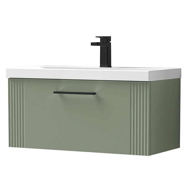 Roxbury Deco Fluted 800mm Green Vanity Unit - Wall Hung 1-Drawer Unit & Matt Black Handle