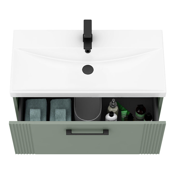 Roxbury Deco Fluted 800mm Green Vanity Unit - Wall Hung 1-Drawer Unit & Matt Black Handle