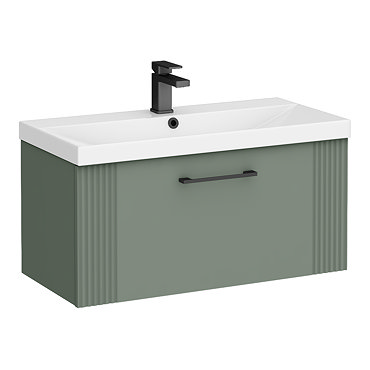 Roxbury Deco Fluted 800mm Green Vanity Unit - Wall Hung 1-Drawer Unit & Matt Black Handle
