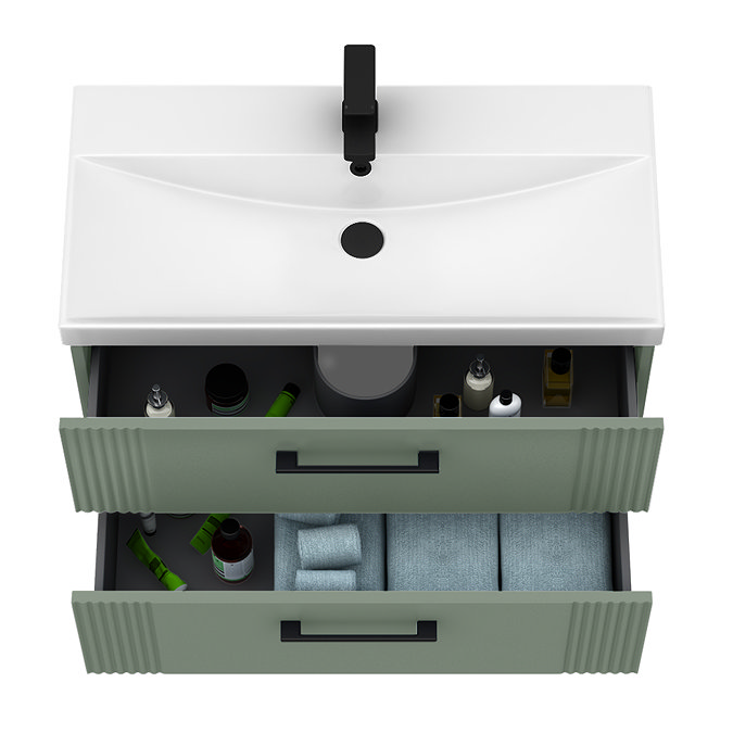 Roxbury Deco Fluted 800mm Green Vanity Unit - Wall Hung 2-Drawer Unit & Matt Black Handles