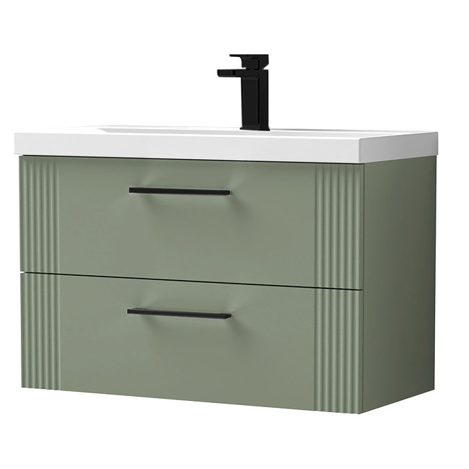 Roxbury Deco Fluted 800mm Green Vanity Unit - Wall Hung 2-Drawer Unit & Matt Black Handles