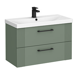 Roxbury Deco Fluted 800mm Green Vanity Unit - Wall Hung 2-Drawer Unit & Matt Black Handles