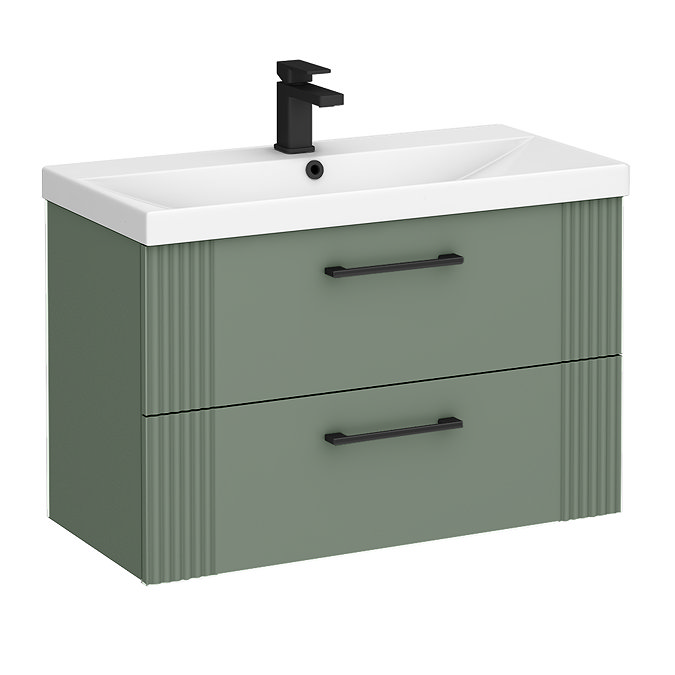 Roxbury Deco Fluted 800mm Green Vanity Unit - Wall Hung 2-Drawer Unit & Matt Black Handles