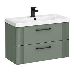 Roxbury Deco Fluted 800mm Green Vanity Unit - Wall Hung 2-Drawer Unit & Matt Black Handles
