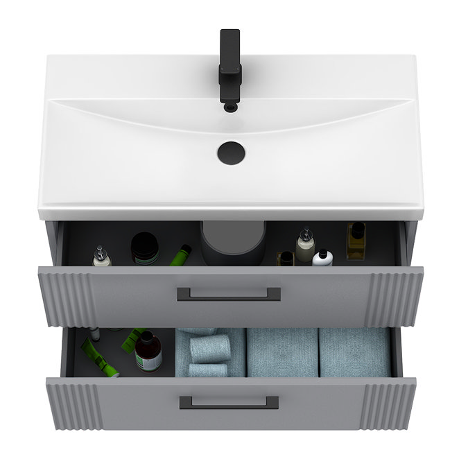 Roxbury Deco Fluted 800mm Grey Vanity Unit - Wall Hung 2-Drawer Unit & Matt Black Handles