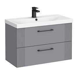 Roxbury Deco Fluted 800mm Grey Vanity Unit - Wall Hung 2-Drawer Unit & Matt Black Handles