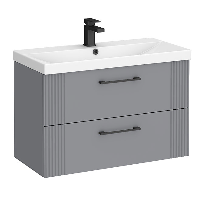 Roxbury Deco Fluted 800mm Grey Vanity Unit - Wall Hung 2-Drawer Unit & Matt Black Handles