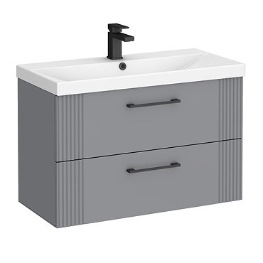 Roxbury Deco Fluted 800mm Grey Vanity Unit - Wall Hung 2-Drawer Unit & Matt Black Handles