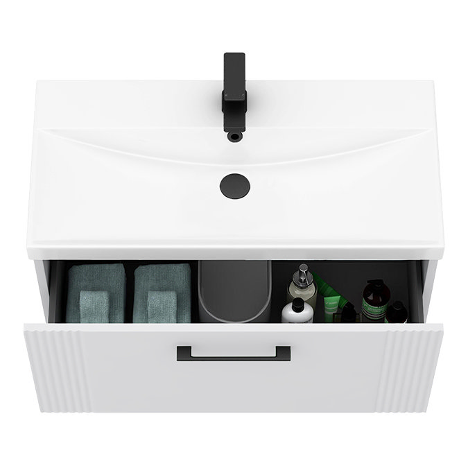 Roxbury Deco Fluted 800mm White Vanity Unit - Wall Hung 1-Drawer Unit & Matt Black Handle