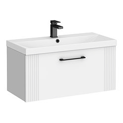 Roxbury Deco Fluted 800mm White Vanity Unit - Wall Hung 1-Drawer Unit & Matt Black Handle