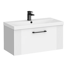 Roxbury Deco Fluted 800mm White Vanity Unit - Wall Hung 1-Drawer Unit & Matt Black Handle