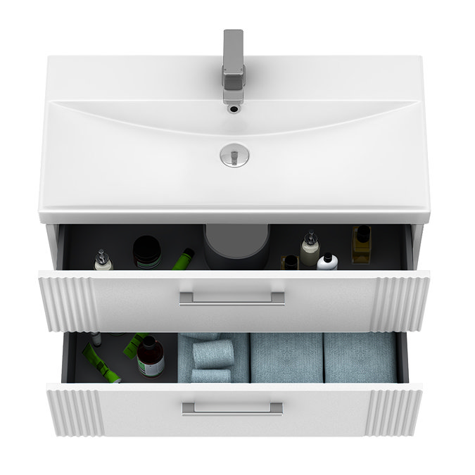 Roxbury Deco Fluted 800mm White Vanity Unit - Wall Hung 2-Drawer Unit & Chrome Handles