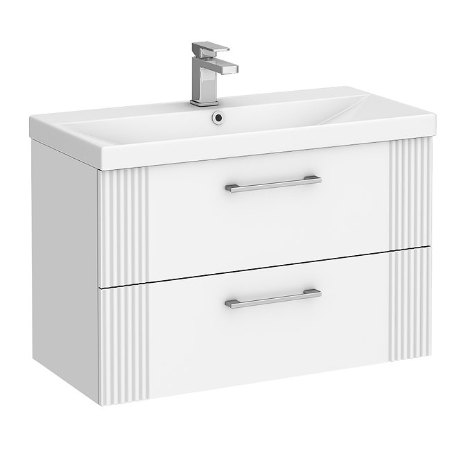 Roxbury Deco Fluted 800mm White Vanity Unit - Wall Hung 2-Drawer Unit & Chrome Handles
