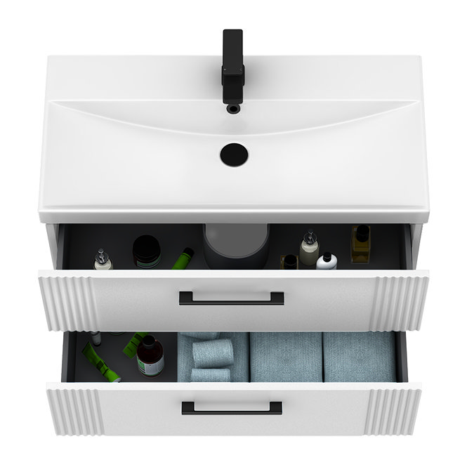 Roxbury Deco Fluted 800mm White Vanity Unit - Wall Hung 2-Drawer Unit & Matt Black Handles
