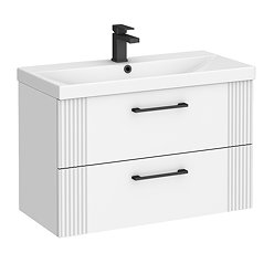 Roxbury Deco Fluted 800mm White Vanity Unit - Wall Hung 2-Drawer Unit & Matt Black Handles