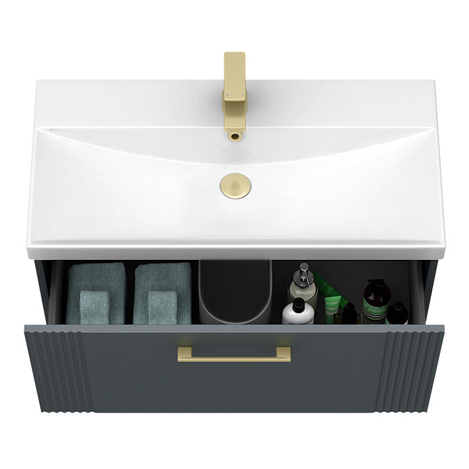 Roxbury Deco Fluted 800mm Anthracite Grey Vanity Unit - Wall Hung 1-Drawer Unit & Brushed Brass Handle
