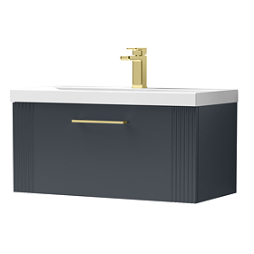 Roxbury Deco Fluted 800mm Anthracite Grey Vanity Unit - Wall Hung 1-Drawer Unit & Brushed Brass Handle