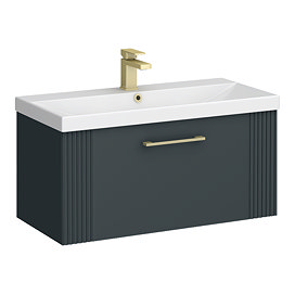Roxbury Deco Fluted 800mm Anthracite Grey Vanity Unit - Wall Hung 1-Drawer Unit & Brushed Brass Handle