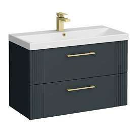 Roxbury Deco Fluted 800mm Anthracite Grey Vanity Unit - Wall Hung 2-Drawer Unit & Brushed Brass Handles