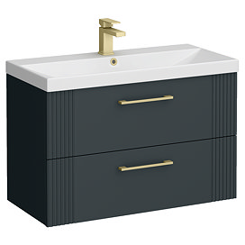 Roxbury Deco Fluted 800mm Anthracite Grey Vanity Unit - Wall Hung 2-Drawer Unit & Brushed Brass Handles