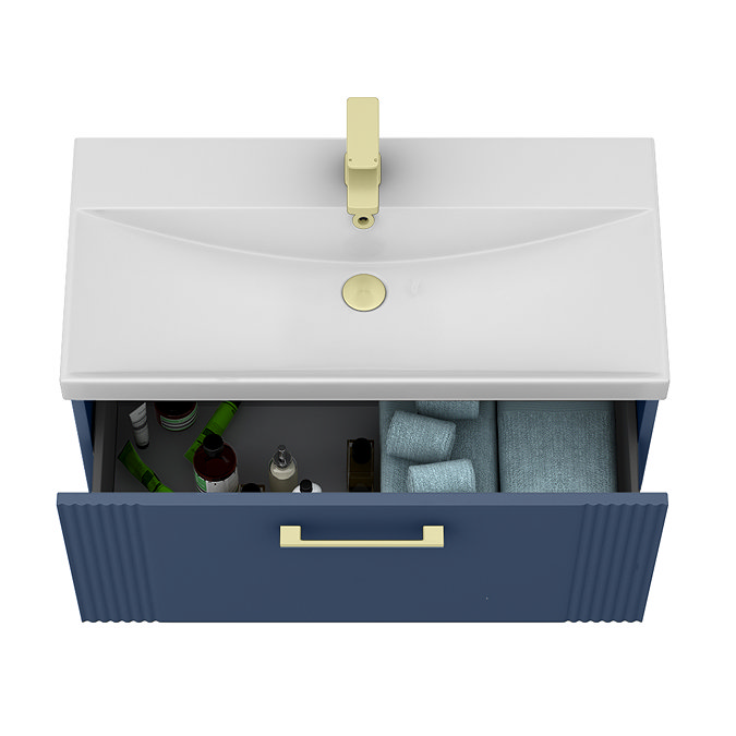 Roxbury Deco Fluted 800mm Blue Vanity Unit - Wall Hung 1-Drawer Unit & Brushed Brass Handle