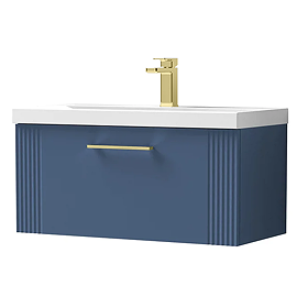 Roxbury Deco Fluted 800mm Blue Vanity Unit - Wall Hung 1-Drawer Unit & Brushed Brass Handle