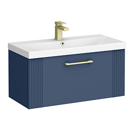 Roxbury Deco Fluted 800mm Blue Vanity Unit - Wall Hung 1-Drawer Unit & Brushed Brass Handle