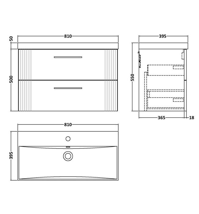 Roxbury Deco Fluted 800mm Blue Vanity Unit - Wall Hung 2-Drawer Unit & Brushed Brass Handles