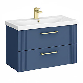 Roxbury Deco Fluted 800mm Blue Vanity Unit - Wall Hung 2-Drawer Unit & Brushed Brass Handles
