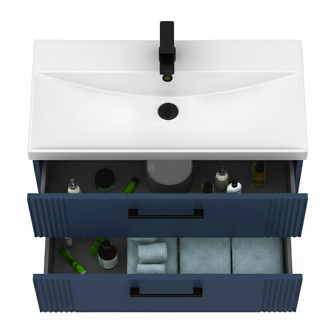 Roxbury Deco Fluted 800mm Blue Vanity Unit - Wall Hung 2-Drawer Unit & Matt Black Handles