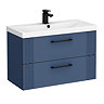 Roxbury Deco Fluted 800mm Blue Vanity Unit - Wall Hung 2-Drawer Unit & Matt Black Handles