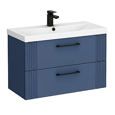 Roxbury Deco Fluted 800mm Blue Vanity Unit - Wall Hung 2-Drawer Unit & Matt Black Handles