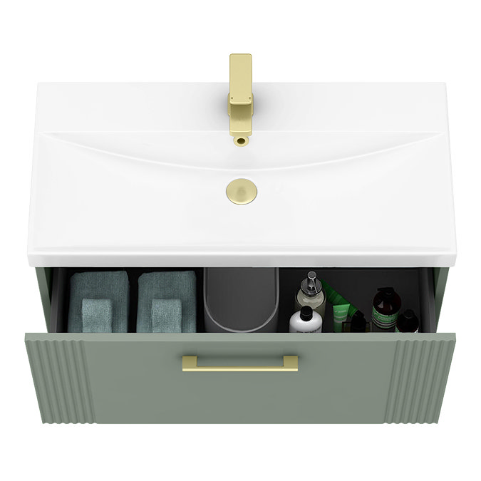 Roxbury Deco Fluted 800mm Green Vanity Unit - Wall Hung 1-Drawer Unit & Brushed Brass Handle