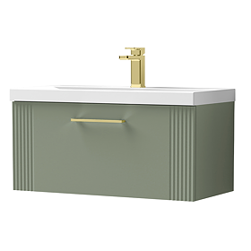 Roxbury Deco Fluted 800mm Green Vanity Unit - Wall Hung 1-Drawer Unit & Brushed Brass Handle