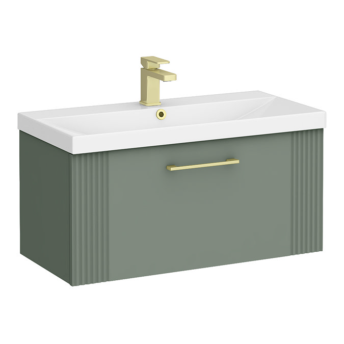 Roxbury Deco Fluted 800mm Green Vanity Unit - Wall Hung 1-Drawer Unit & Brushed Brass Handle