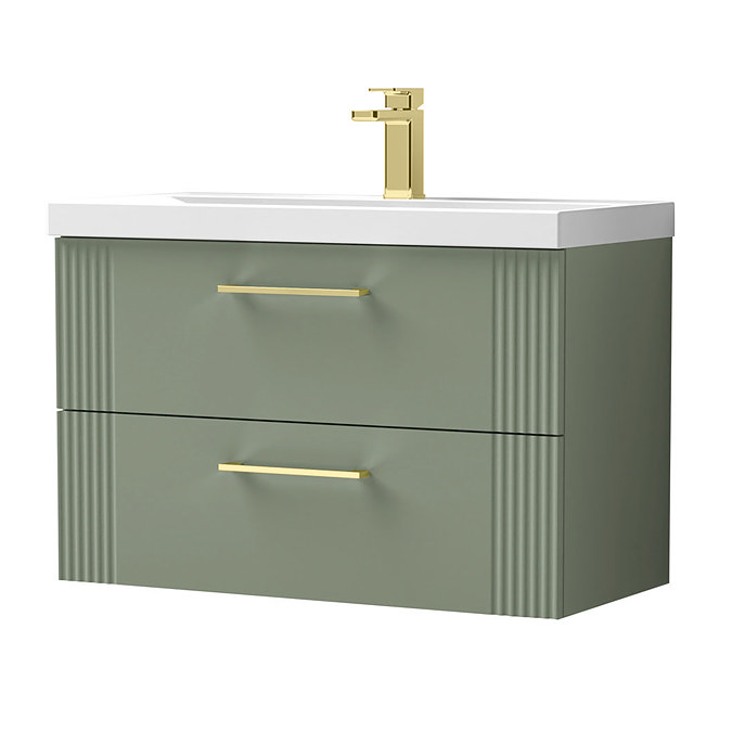 Roxbury Deco Fluted 800mm Green Vanity Unit - Wall Hung 2-Drawer Unit & Brushed Brass Handles