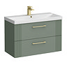 Roxbury Deco Fluted 800mm Green Vanity Unit - Wall Hung 2-Drawer Unit & Brushed Brass Handles