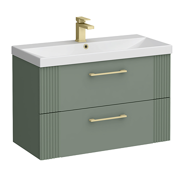 Roxbury Deco Fluted 800mm Green Vanity Unit - Wall Hung 2-Drawer Unit & Brushed Brass Handles