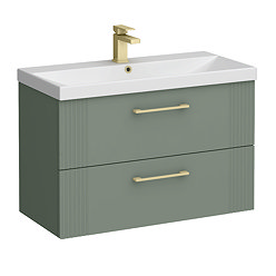 Roxbury Deco Fluted 800mm Green Vanity Unit - Wall Hung 2-Drawer Unit & Brushed Brass Handles