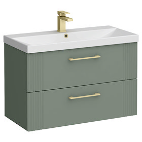 Roxbury Deco Fluted 800mm Green Vanity Unit - Wall Hung 2-Drawer Unit & Brushed Brass Handles