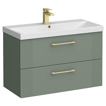 Roxbury Deco Fluted 800mm Green Vanity Unit - Wall Hung 2-Drawer Unit & Brushed Brass Handles