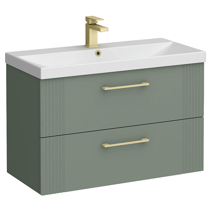Roxbury Deco Fluted 800mm Green Vanity Unit - Wall Hung 2-Drawer Unit & Brushed Brass Handles
