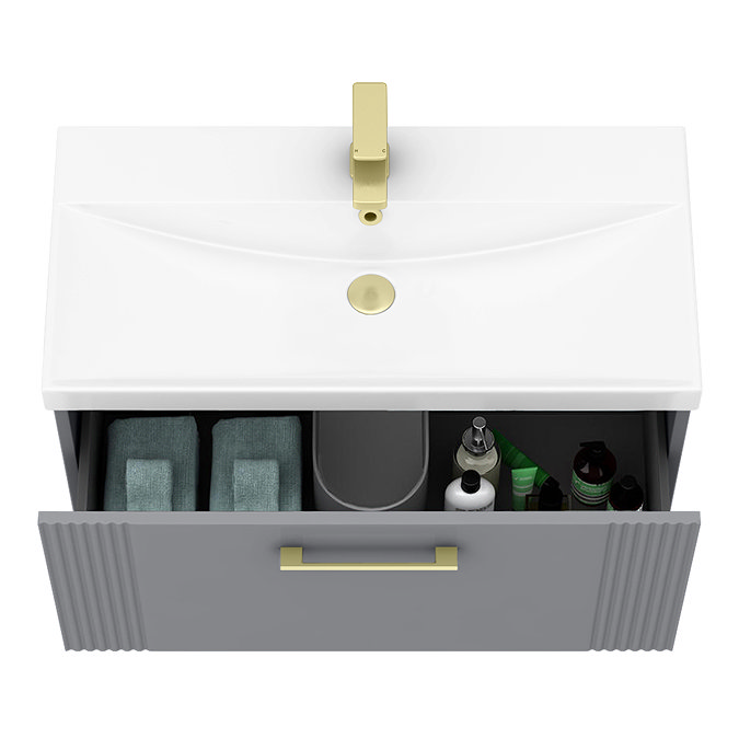 Roxbury Deco Fluted 800mm Grey Vanity Unit - Wall Hung 1-Drawer Unit & Brushed Brass Handle