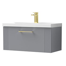 Roxbury Deco Fluted 800mm Grey Vanity Unit - Wall Hung 1-Drawer Unit & Brushed Brass Handle